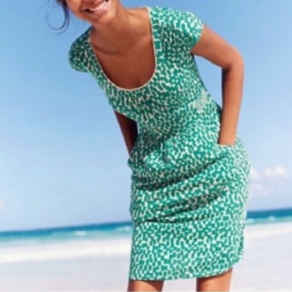 Boden Green Geometric Margot Dress Size 10 Tall 10L Short Sleeve Pockets Modal